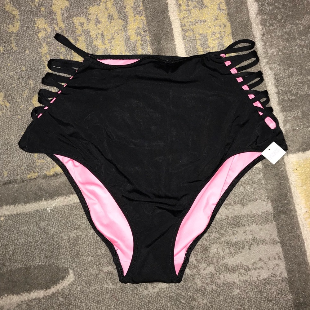 VS PINK solid black strappy high waisted bottoms